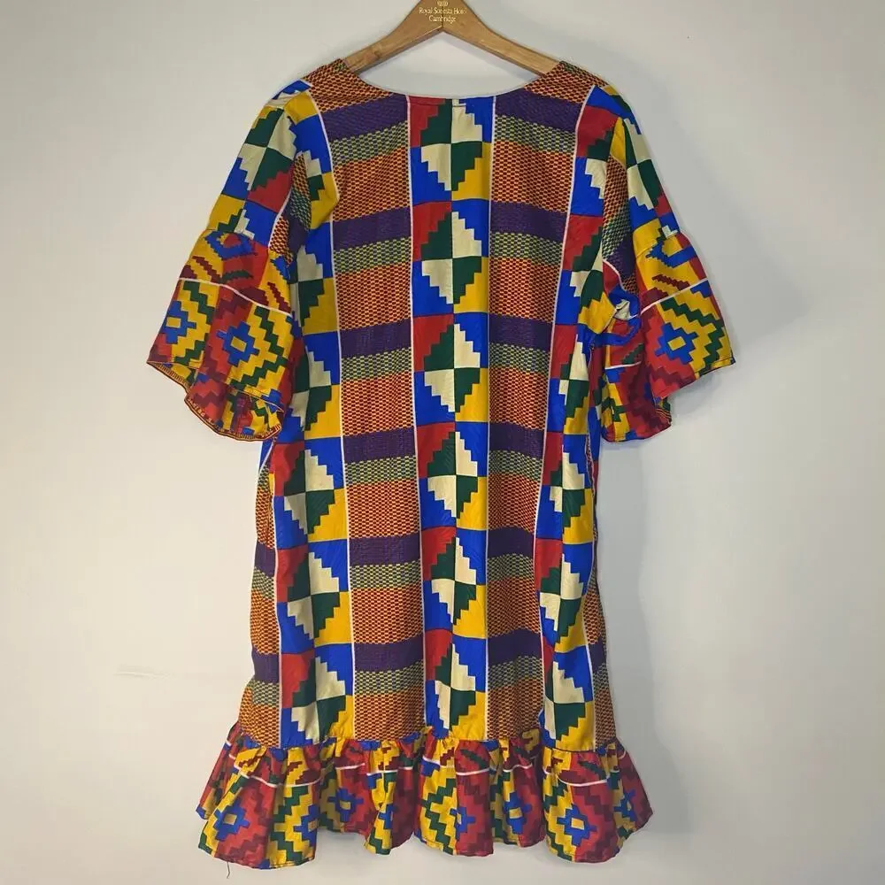 Lapogee African Print Kaftan Colorful Summer Dress Ruffles Size Medium Lagenlook